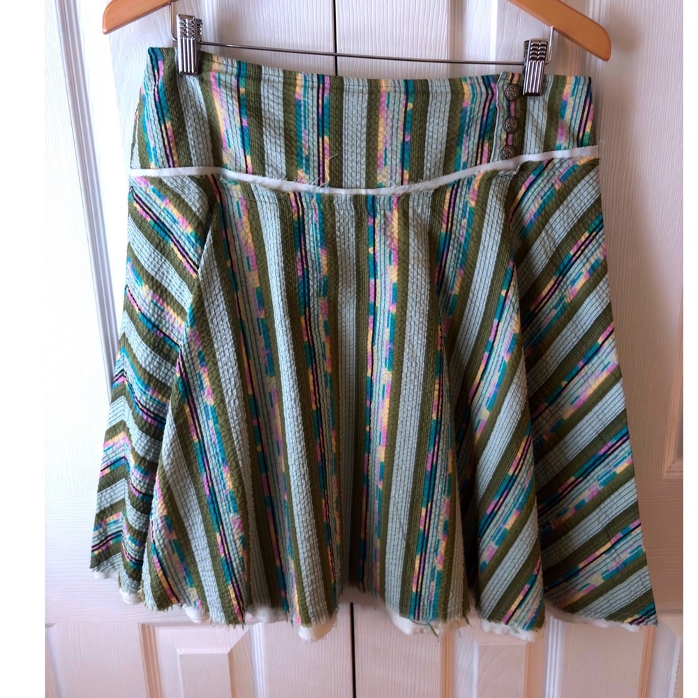 VINTAGE 1990's Free People Striped Crinkle Cotton Raw Edge Skater Skirt 6